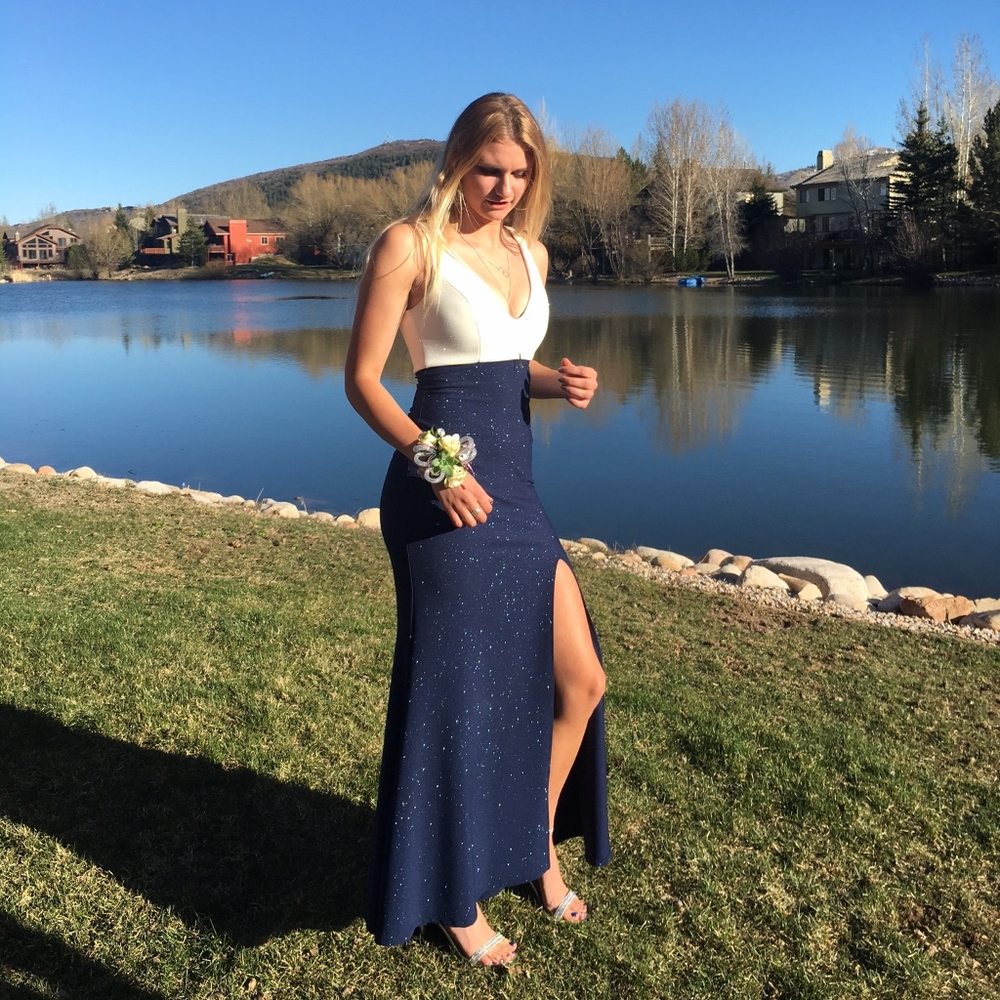 Formal Navy Blue and White Dress